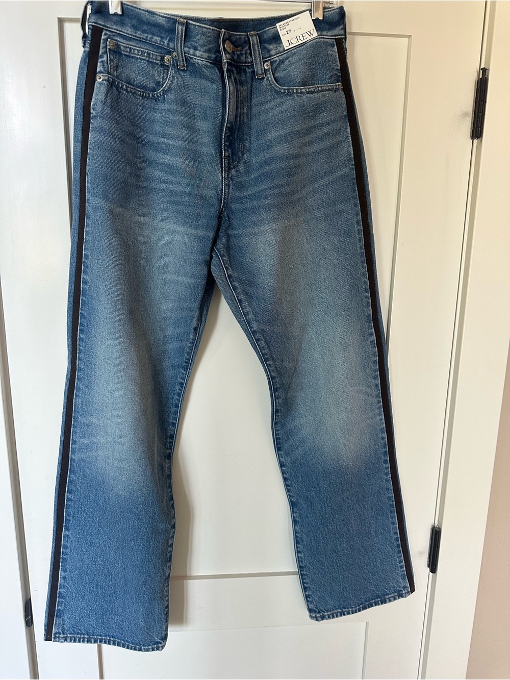 J. Crew Medium Blue Denim Bootcut Jeans with Black Side Stripes